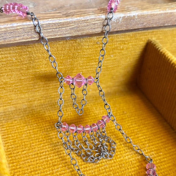 Vintage Chain and Bead Tiered Necklace 70s 80s 90s Silver and Pink - Picture 2 of 5